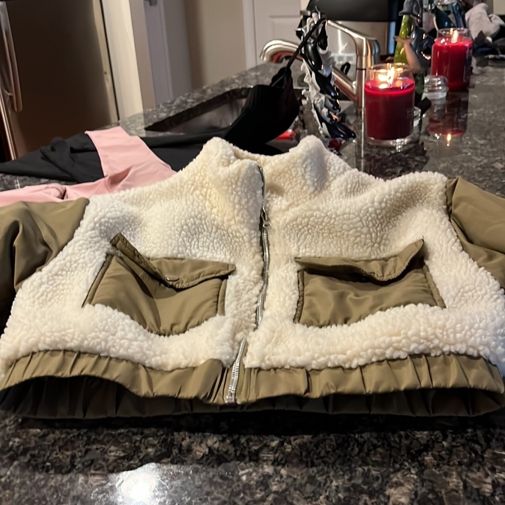 Olive in color with wool super cropped lightweight jacket so small